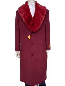 Fur Collar Overcoat for Men Burgundy Wool Calf Length Alberto Moscow IS