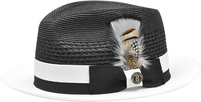 Bruno Capelo Mens Summer Brim Hat Black and White Woven Straw Fedora RO650