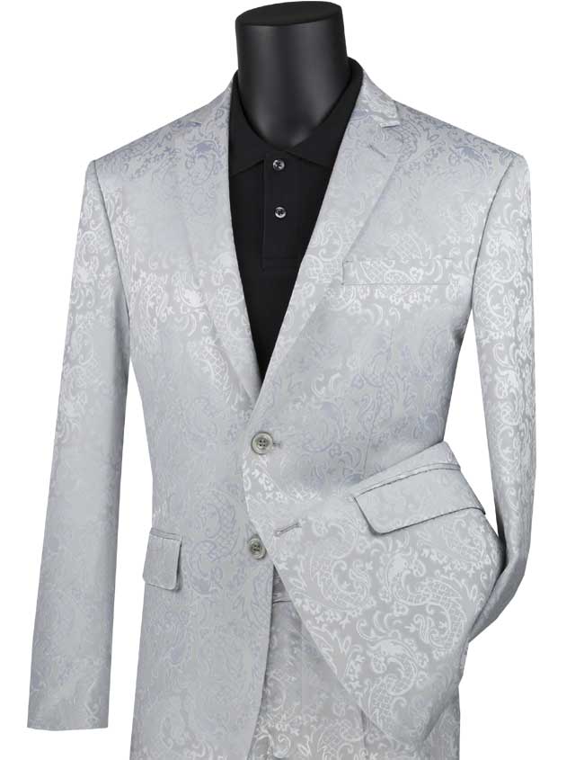 Men's Slim Fit Silver Paisley Fashion Prom Suit S2F-1