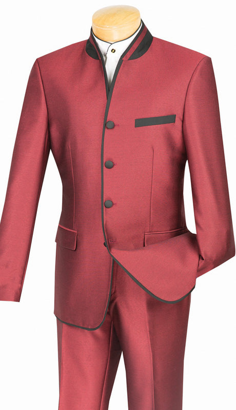 Slim Fit Suit Burgundy Chinese Mandarin Collar S4HT-1
