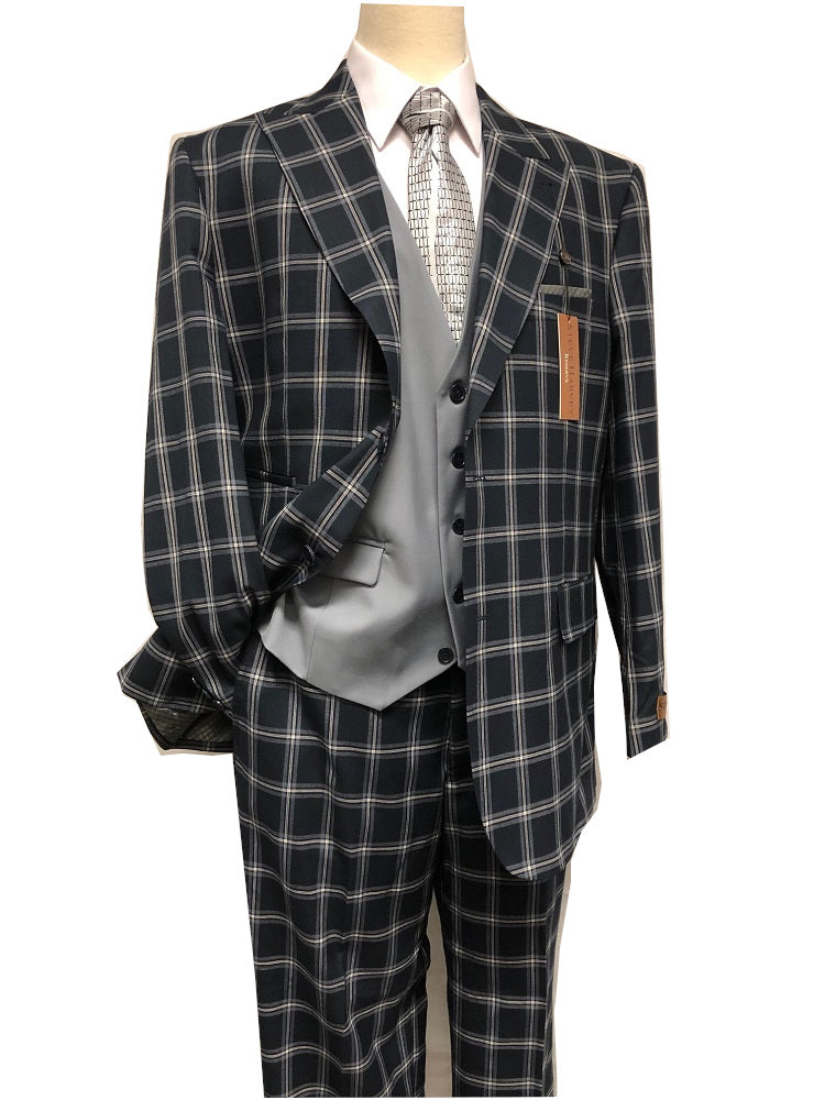 Steve Harvey Suit 3 Piece Black Gray Plaid with Lapel Vest 122741