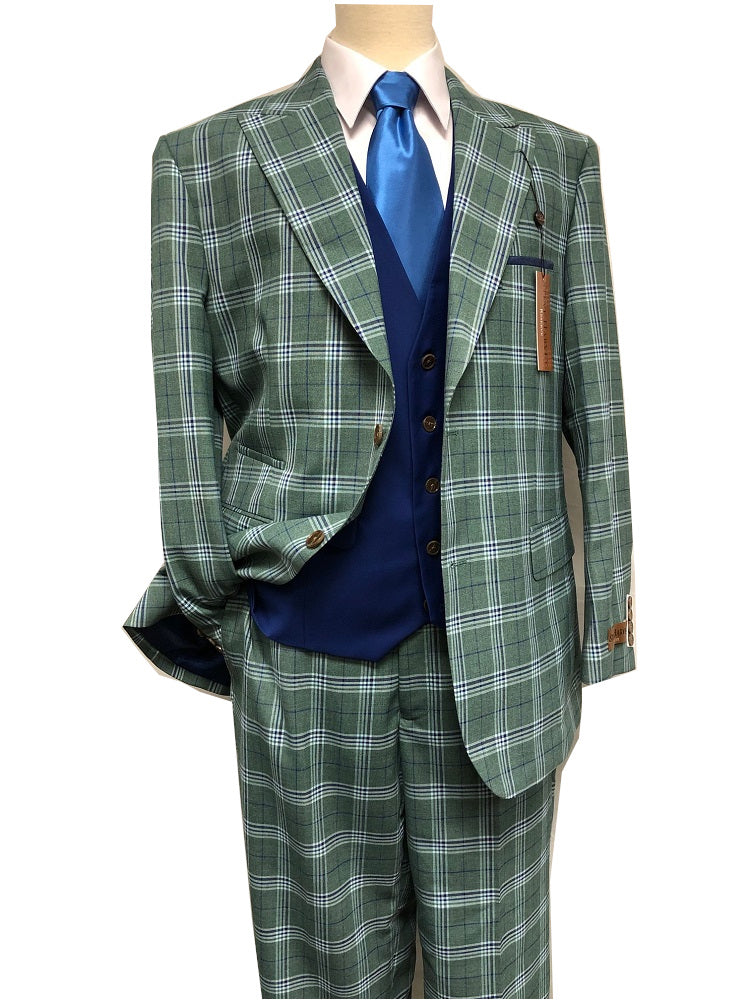 Steve Harvey Suit 3 Piece 1920s Green Plaid with Lapel Vest Blue 122746