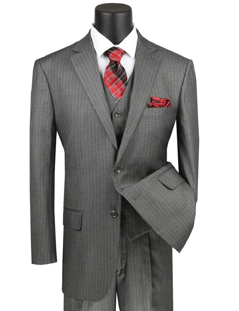 Men's Gray Pinstripe 3 Piece Suit Flat Front Pants V2RS-7 - 50 Long Gray Men's Gray Pinstripe 3 Piece Suit Flat Front Pants V2RS-7 - 50 Long Gray