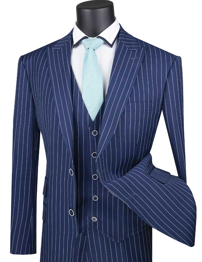 Men's Blue 1920s Stripe 3 Piece Suit with Vest V2RS-9
