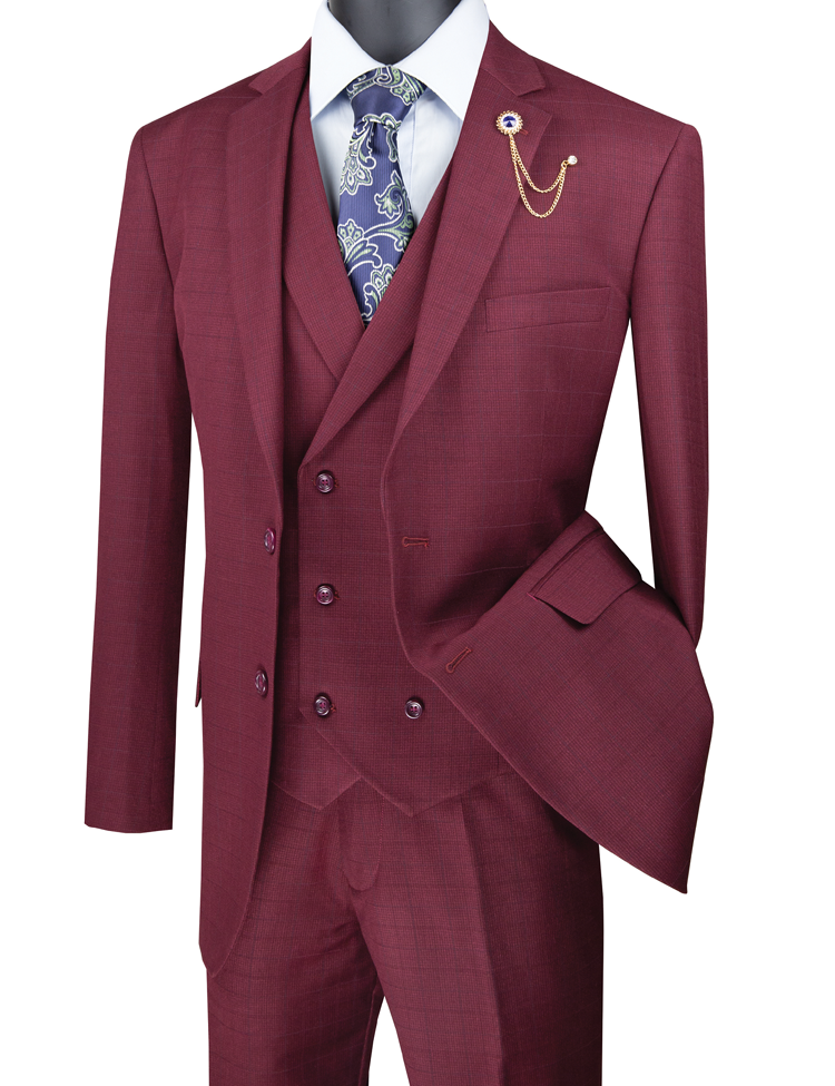 Men's Burgundy Plaid 3 Piece Suit 1920s Double Breasted Vest V2RW-13