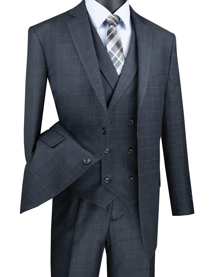 Men's Charcoal Gray Plaid 3 Piece Suit Double Breasted Vest V2RW-13