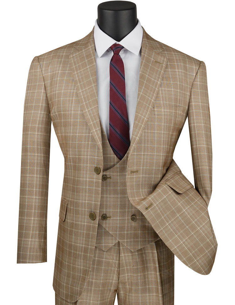 Men's Camel Tan Plaid 3pc Suit Low Cut Vest V2RW-7 | Suit Secret