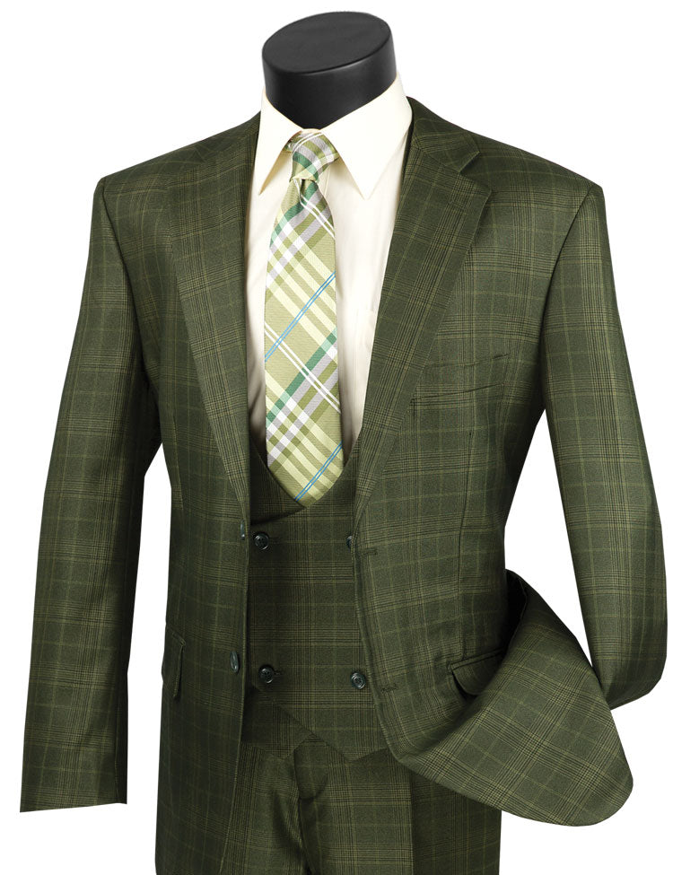 Men's Olive Plaid 3 Piece Suit Low Cut Vest V2RW-7