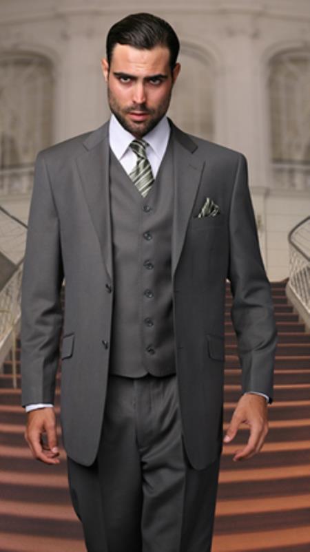 Wedding Suit with Vest Men's Charcoal Gray Flat Front Pants V2TR