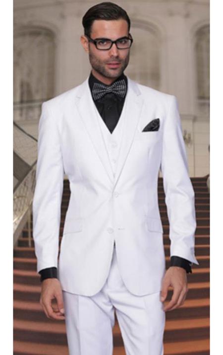 Men's All White Wedding Suit with Vest Flat Front Pants V2TR