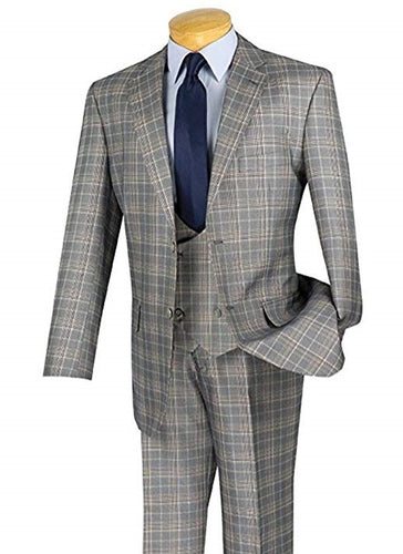 Men's Gray Plaid 3 Piece Suit Scoop Vest V2RW-7    