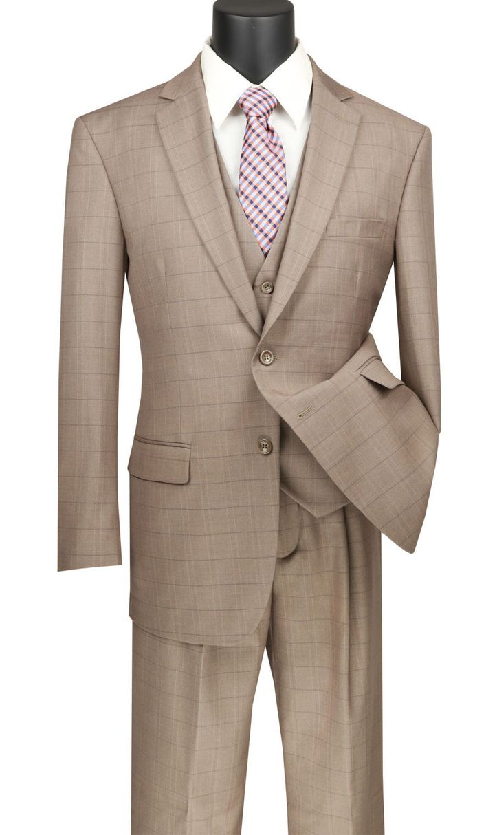 Men's Tan Windowpane Plaid Suit with Vest V2RW-15
