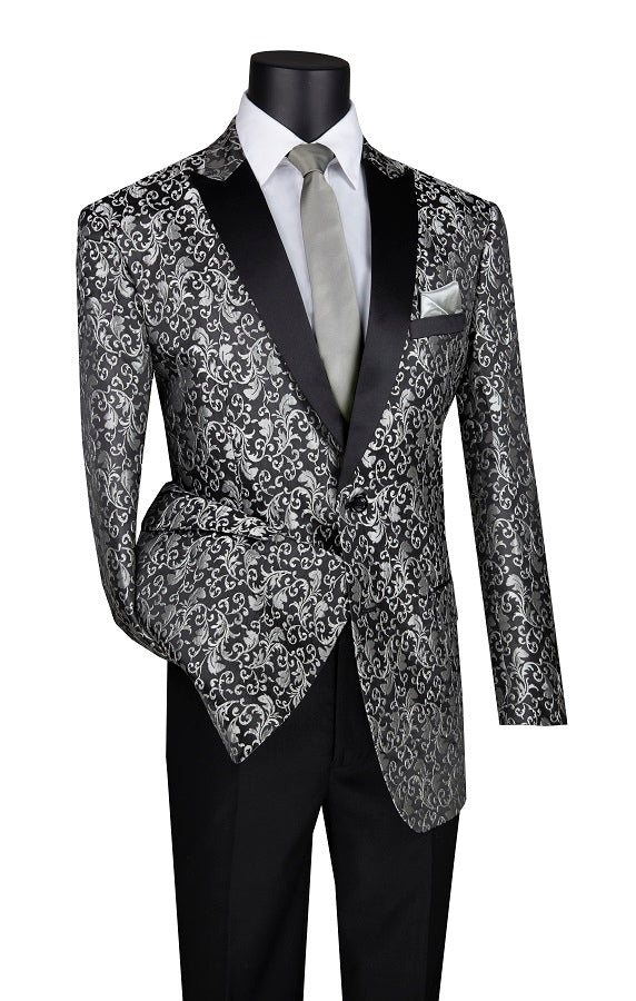 Men's Silver Black Floral Paisley Tuxedo Jacket Blazer BF-2