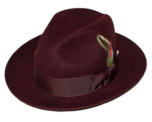 Men's Burgundy Fedora Hat 100% Wool Felt Brim Hat Untouchable
