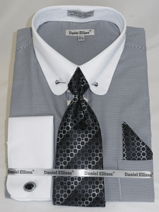 Men's Collar Bar Dress Shirt Tie Set Black Mini Check Fratello DS3815P2