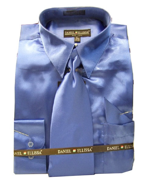 Men's Royal Blue Satin Shirt and Tie Set Daniel Ellissa 3012NP2