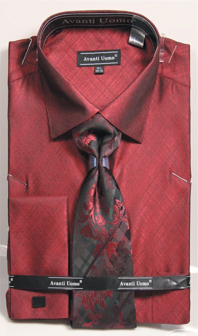 Men's Burgundy Sharkskin French Cuff Dress Shirt Tie Set Avanti DN82