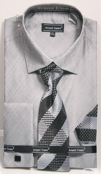 Men's Gray Sharkskin French Cuff Dress Shirt Tie Set Avanti DN82