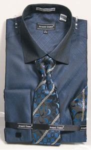 Men's Navy Sharkskin French Cuff Dress Shirt Tie Set Avanti DN82