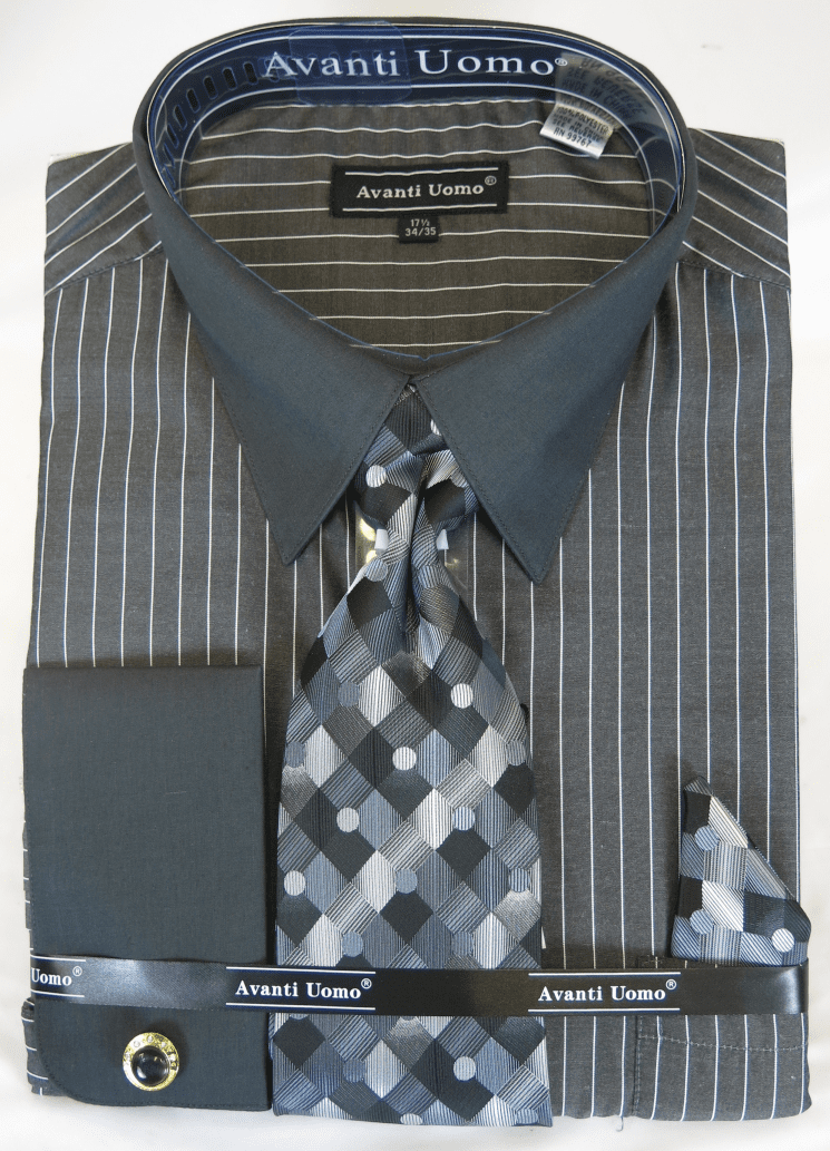 French Cuff Dress Shirt and Tie Set Black Pinstripe DN98M