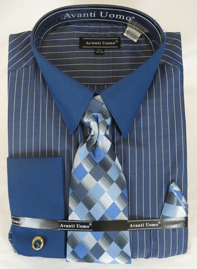 French Cuff Dress Shirt and Tie Set Blue Pinstripe DN98M