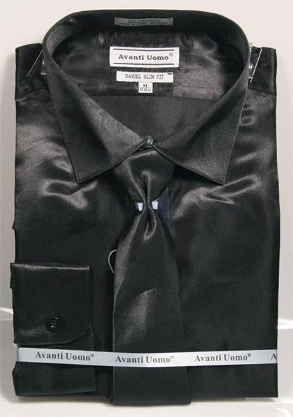 Slim Fit Shirt Tie Men's Black Silky Satin DNS06
