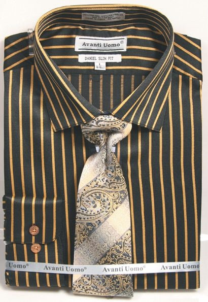 Slim Fit Shirt Tie Men's Black Mustard Bold Stripe Pattern DNS09