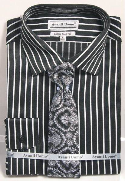 Slim Fit Shirt Tie Men's Black Silver Bold Stripe Pattern DNS09