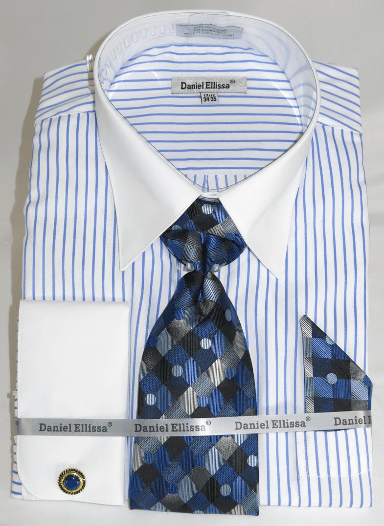French Cuff Dress Shirt and Tie Set Blue Stripe White Collar DS3814P2