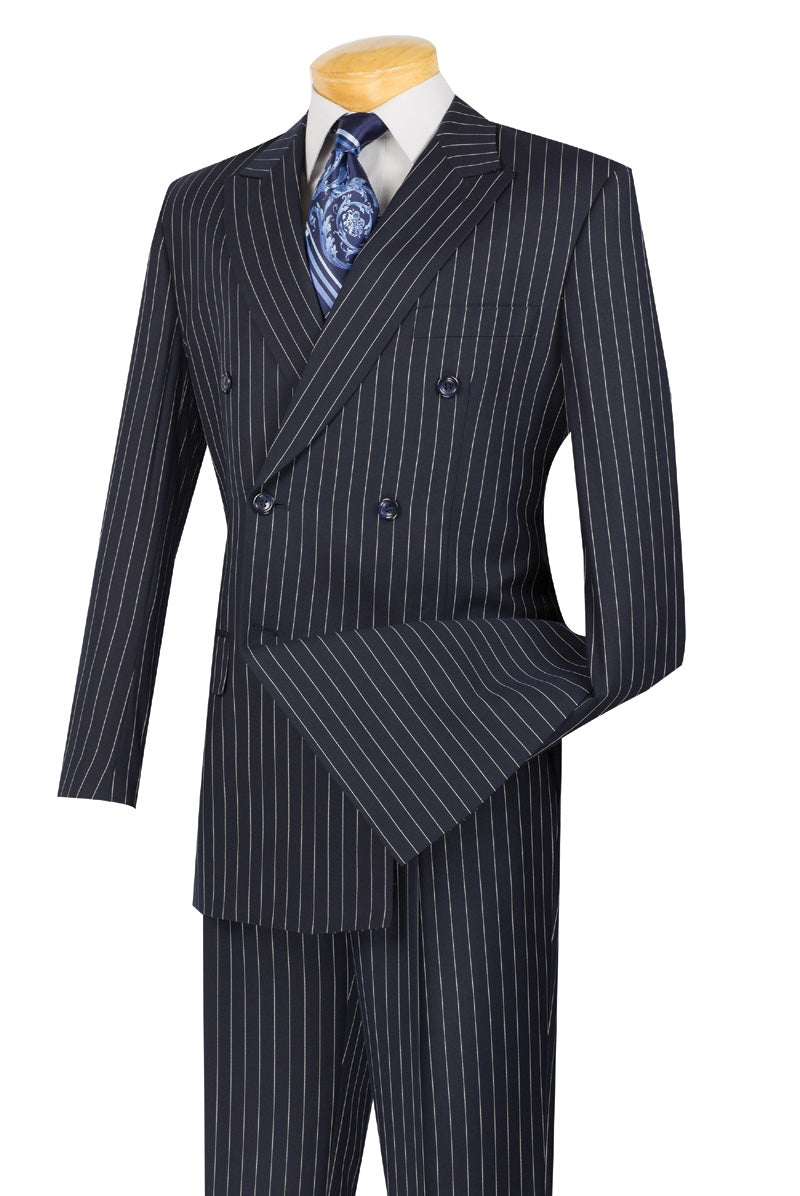 Men's Navy Blue Stripe Double Breasted Suit 1940s DSS-4