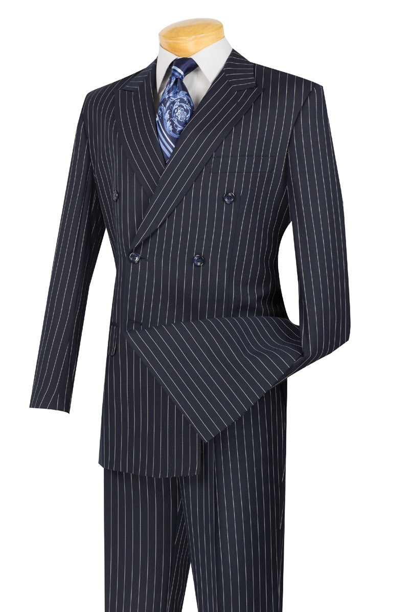 Men's Navy Blue Stripe Double Breasted Suit 1940s F-DSS
