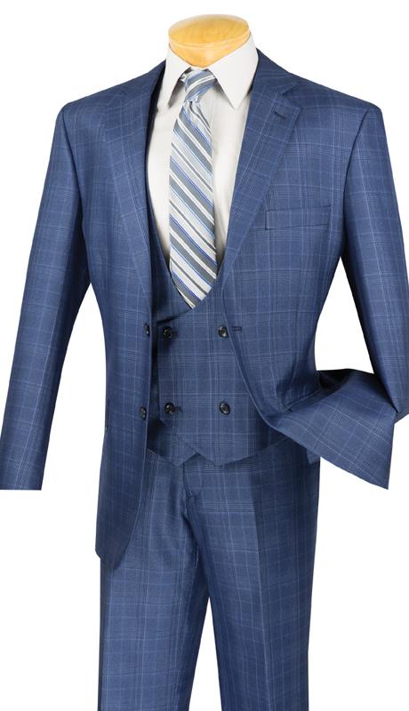 Men's Oxford Blue Plaid 3 Piece Suit Scoop Vest V2RW-7