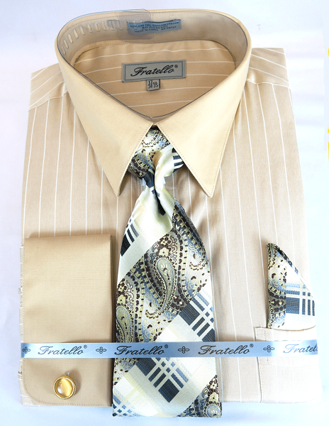 Men's Beige Stripe French Cuff Dress Shirt Tie Set Fratello FRV4150P2