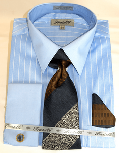 Men's Light Blue Stripe French Cuff Dress Shirt Tie Set Fratello FRV4150P2