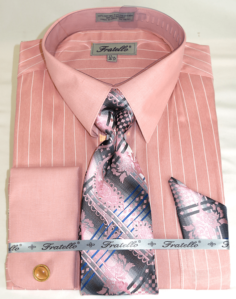 Men's Pink Stripe French Cuff Dress Shirt Tie Set Fratello FRV4150P2