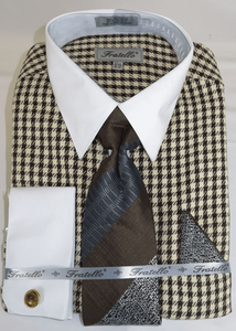 Men's Brown Gingham Plaid French Cuff Dress Shirt Tie Set Fratello FRV4151P2