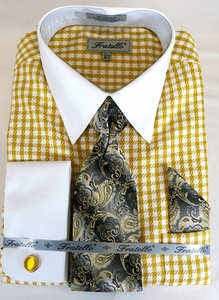 Men's Gold Gingham Plaid French Cuff Dress Shirt Tie Set Fratello FRV4 Men's Gold Gingham Plaid French Cuff Dress Shirt Tie Set Fratello FRV4