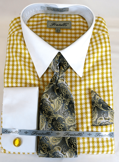 mens yellow french cuff dress shirt Men's Contrast Collar & French Cuff Picnic Plaid Dress Shirt Set in Mustard Yellow 18 36/37 / Mustard