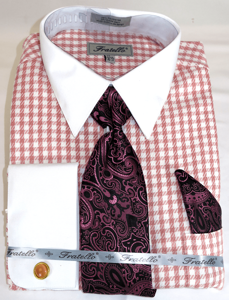 Men's Pink Gingham Plaid French Cuff Dress Shirt Tie Set Fratello FRV4151P2