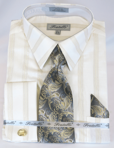 French Cuff Dress Shirt and Tie Set White Verticle Stripe FRV4155