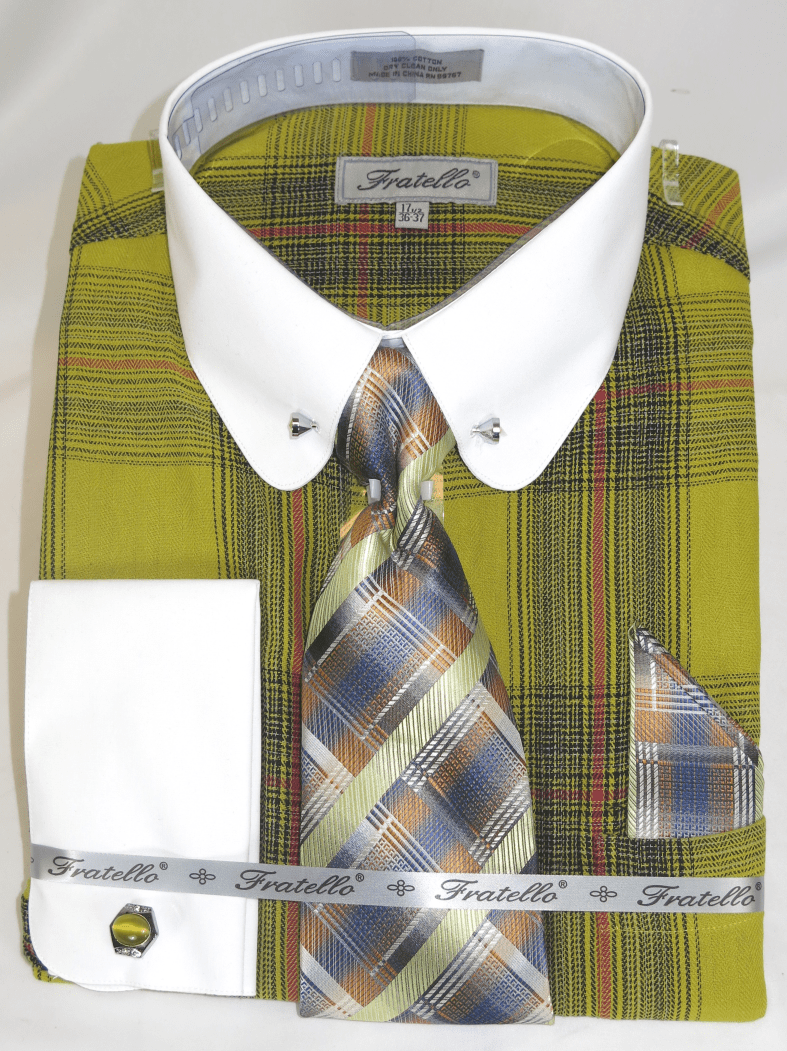 Collar Bar Shirt and Tie Set Mustard Gold Plaid Fratello FRV4156P2 - 16.5 36/37 Mustard Collar Bar Shirt and Tie Set Mustard Gold Plaid Fratello FRV4156P2 - 16.5 36/37 Mustard