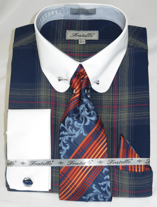 Men's Collar Bar Shirt and Tie Set Navy Plaid Fratello FRV4156P2