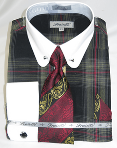 Collar Bar Shirt and Tie Set Black Tartan Plaid Fratello FRV4156P2