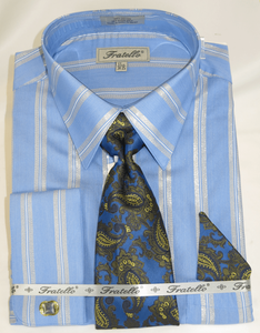 French Cuff Dress Shirt and Tie Set Blue Vertical Stripe FRV4155