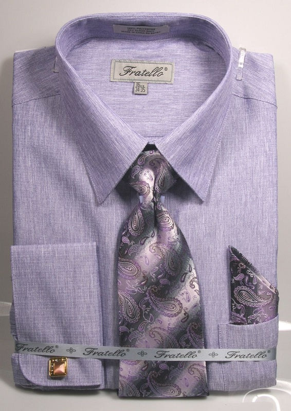 Men's Lavender Heather French Cuff Dress Shirt Tie Combo Fratello FRV4