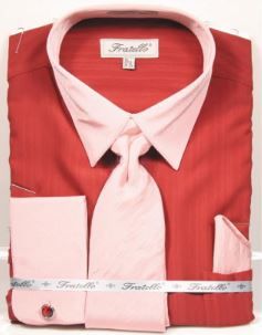 Men's Brick Red Two Tone French Cuff Dress Shirt Tie Set Fratello FRV4
