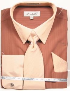 Men's Brown Two Tone French Cuff Dress Shirt Tie Set Fratello FRV4149P