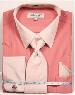 Men's Rose Pink Two Tone French Cuff Dress Shirt Tie Set Fratello FRV4149P2