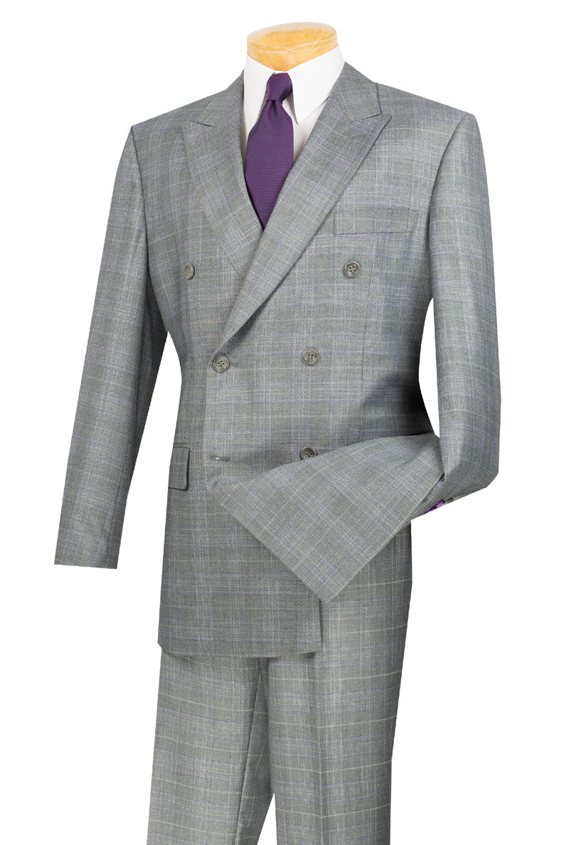 Men's Gray Plaid Double Breasted Suit Vinci DRW-1