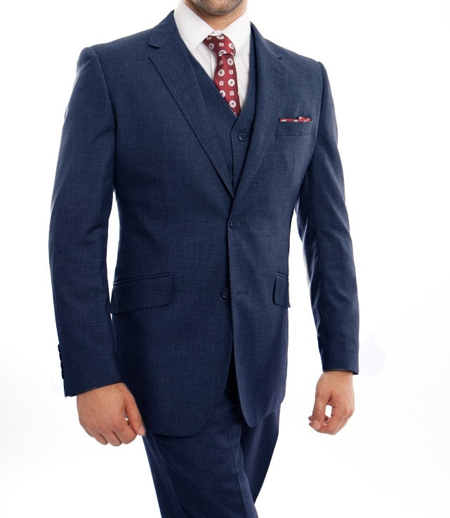Men's Indigo Blue Wool Suit 3 Piece Flat Front Pants MW249